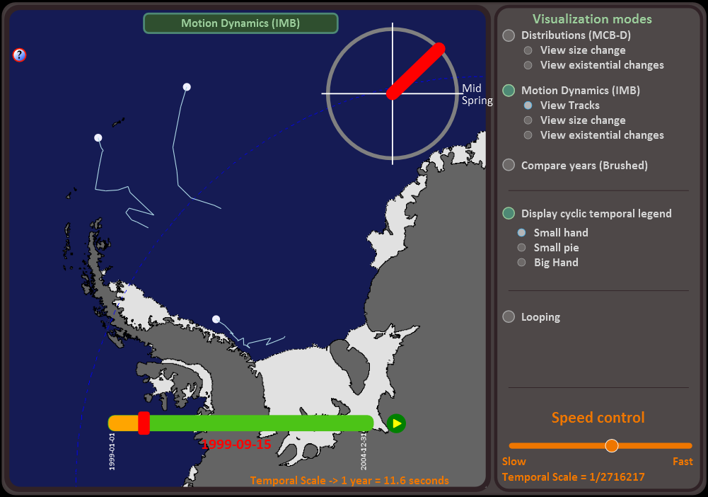 The TimeMapper prototype showing the movement of three icebergs in Antarctica.