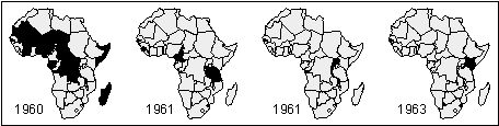Order: Animation actually is the presentation of individual frames in a given order. Chronologically showing temporal data is probably the most used form of cartographic animation. This example uses order to depict the dates of independence of African states.